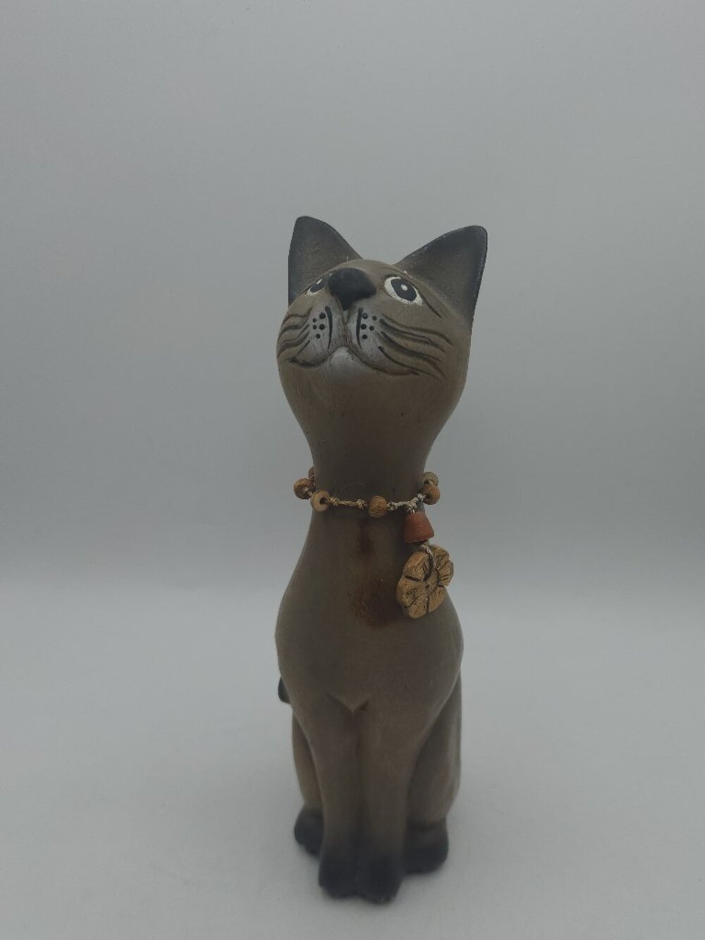 Vintage Handcarved Wooden Cat Figure with Necklace Brown 10.25" Tall
